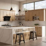 Bright open-concept kitchen rendering with classic Honey Wheat stained 3-inch Shaker cabinetry.