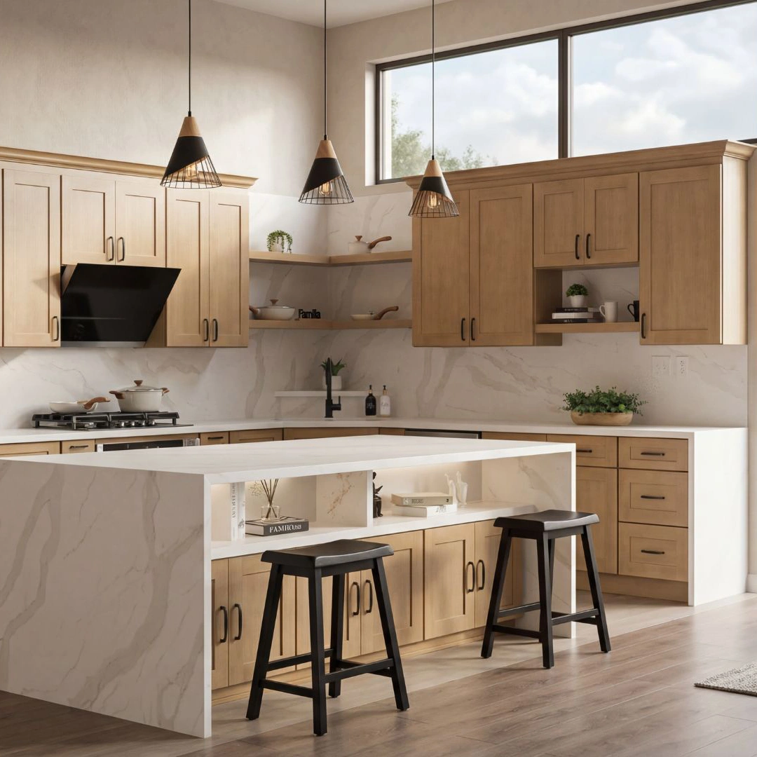 Bright open-concept kitchen rendering with classic Honey Wheat stained 3-inch Shaker cabinetry.