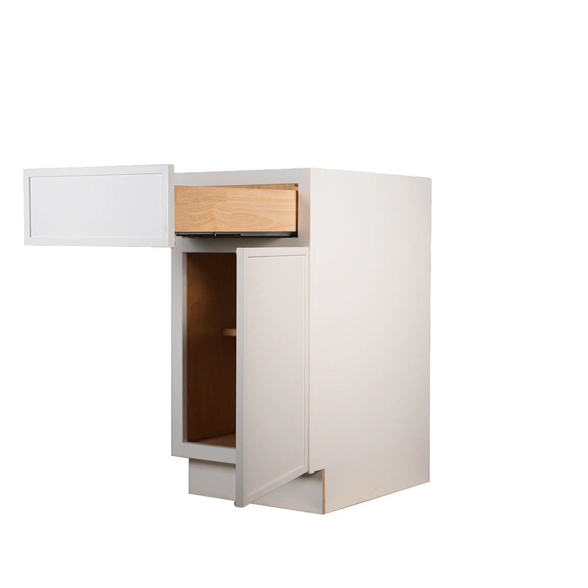 Kitchen Cabinet Slim Shaker Profile B18 in Pure White with both the door and drawer open.