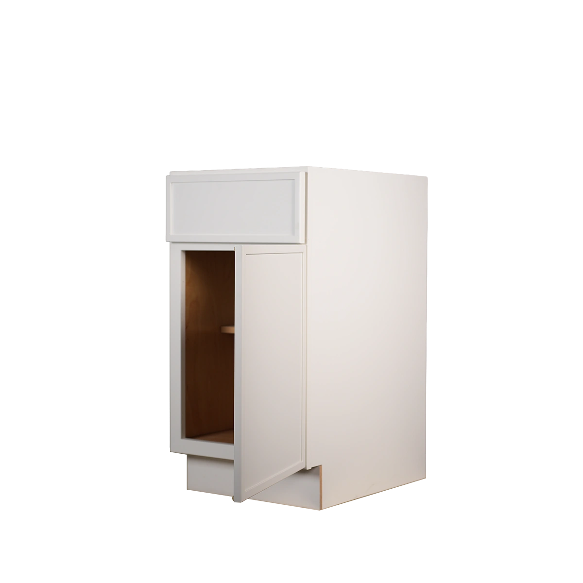 Kitchen Cabinet Slim Shaker Profile B18 in Pure White showing an open cabinet door.