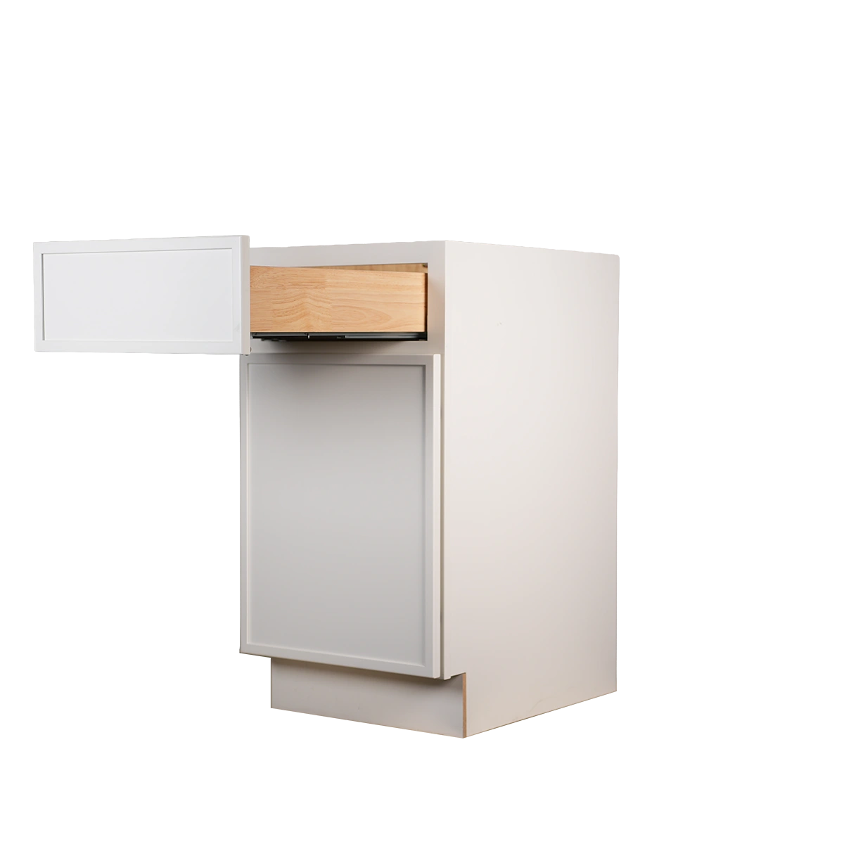 Kitchen Cabinet Slim Shaker Profile B18 in Pure White showing an open top drawer.