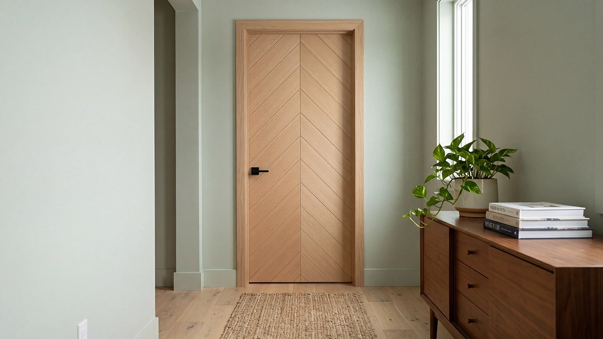 Modern chevron door 3d architectural rendering with elegant V shape wood grain pattern