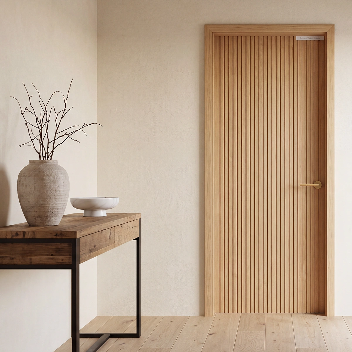 A close-up square shot of a modernist reeded slab door, highlighting the vertical fluted wood texture.