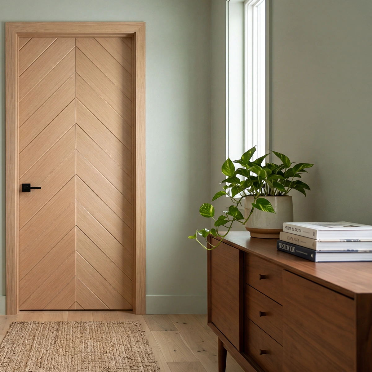 A square photograph of a natural white oak wooden interior door with a book-matched chevron pattern.