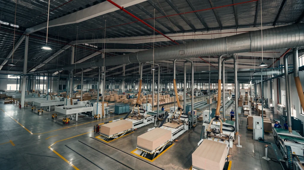 Automated CNC cutting machine processing high-precision panels for frameless cabinets inside Nobel Cabinetry factory.