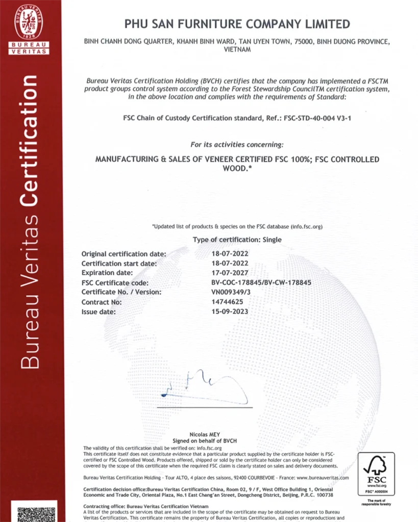 Document scan of an FSC Chain of Custody certificate issued by Bureau Veritas for Phu San Furniture Company Limited.