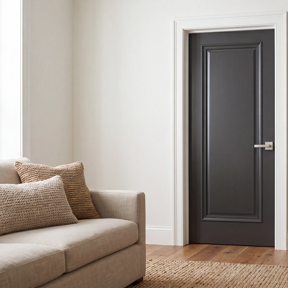 A premium interior composite wood door in a sleek matte black finish with a raised panel design.