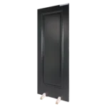 A 30-degree angle view of the Raised Panel Matt Black composited wood door highlighting the dimensional profile depth and matte shadows.