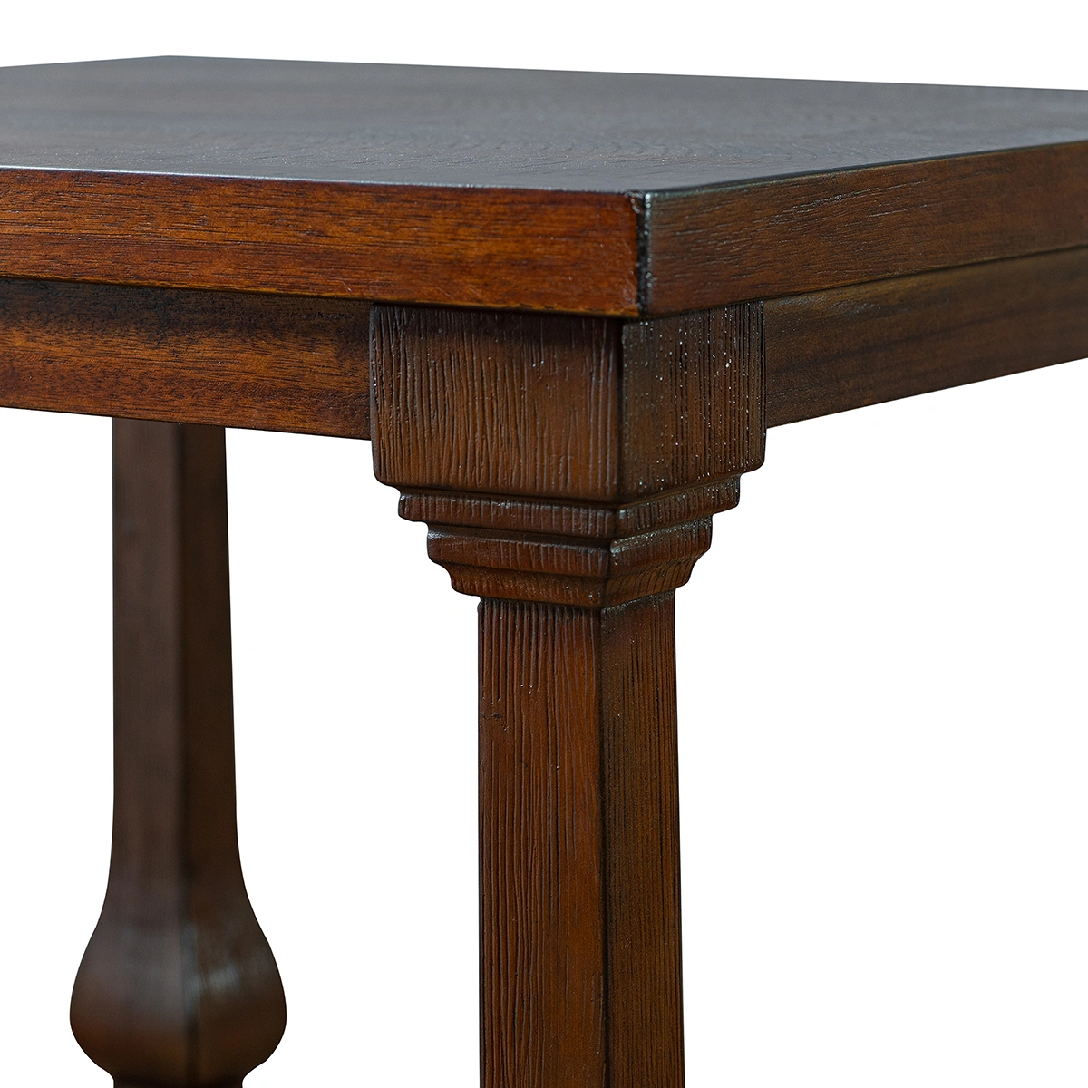 Close-up of the pine side table apron and undermount structure, showcasing heavy wire-brushed texture and hand-applied glaze for the PTH series.