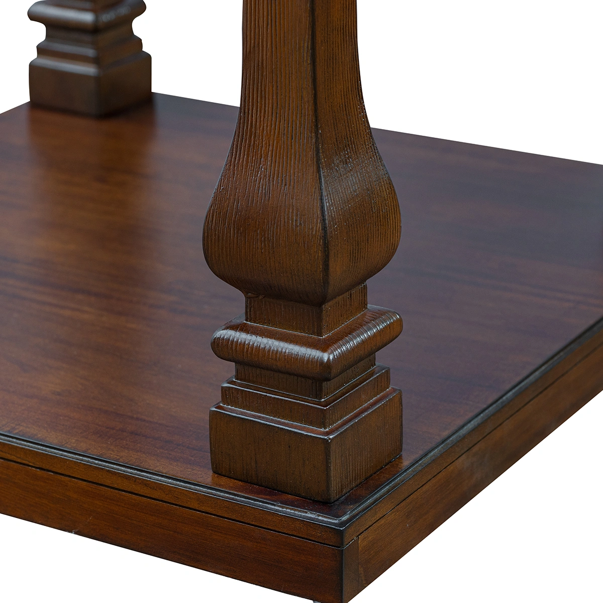 Detailed view of the side table base and leg joinery, illustrating robust stability, heavy-brushed pine texture, and industrial white-label furniture manufacturing standards of the PTH collection.
