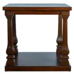 Front view of a premium rustic pine side table finished in NC Light Mocha by PTH, showcasing elegant architectural lines and white-label contract furniture craftsmanship.