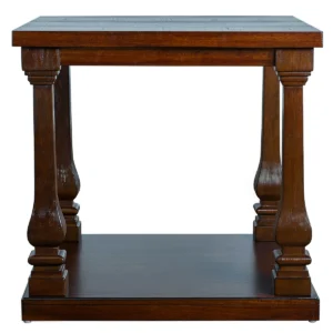 Front view of a premium rustic pine side table finished in NC Light Mocha by PTH, showcasing elegant architectural lines and white-label contract furniture craftsmanship.