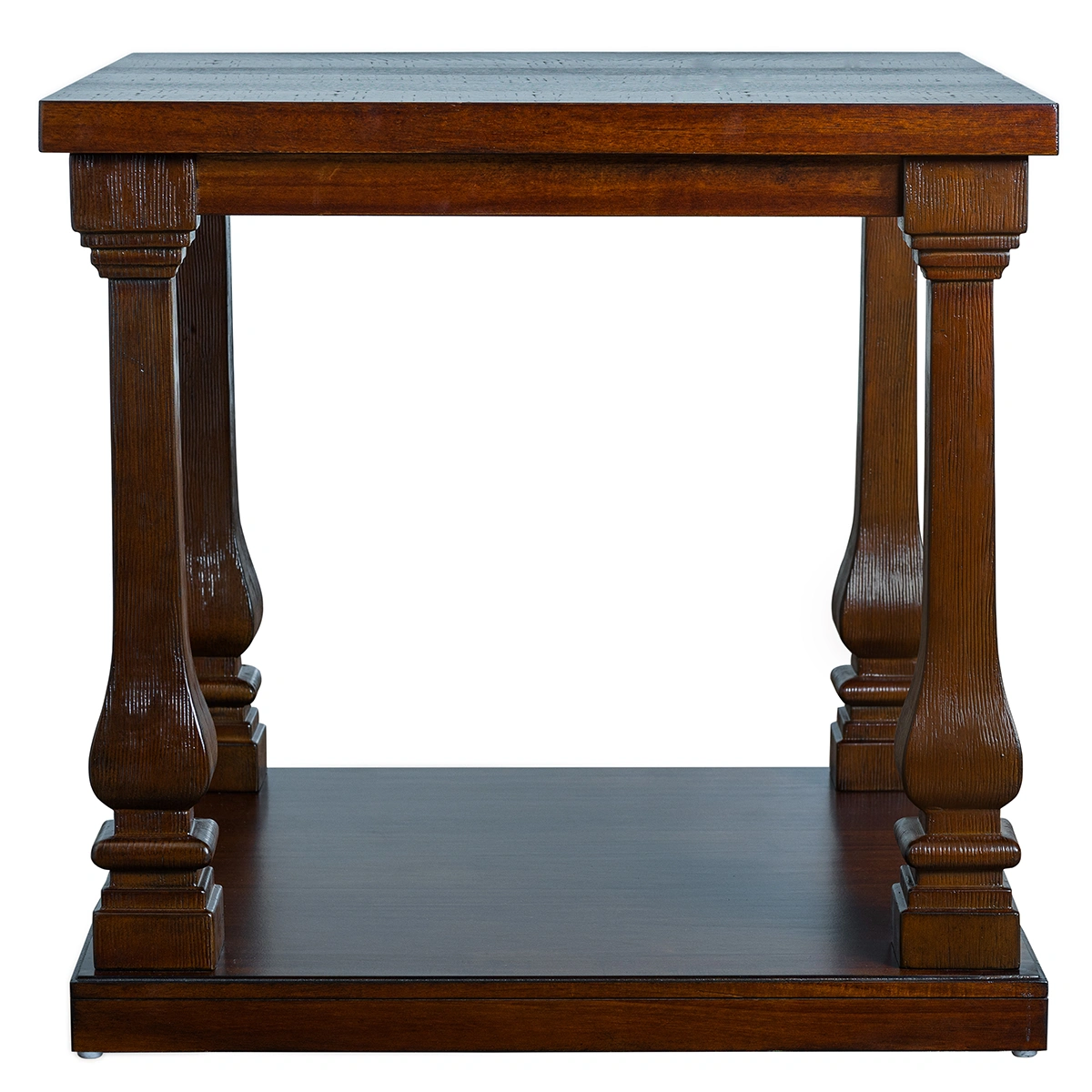 Front view of a premium rustic pine side table finished in NC Light Mocha by PTH, showcasing elegant architectural lines and white-label contract furniture craftsmanship.