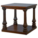 Side profile of the contract-grade pine side table, demonstrating structural stability, joint precision, and warm light mocha coating depth under production code PTH