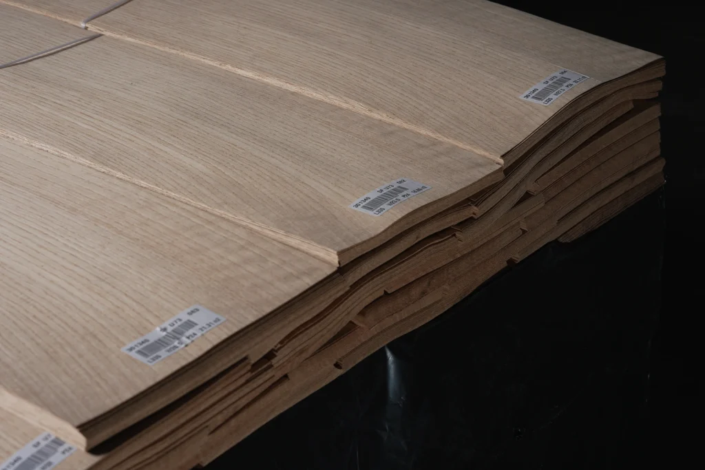 Specification label on a bundle of Lacey Act compliant American White Oak Rift Cut Veneer from theShaper.