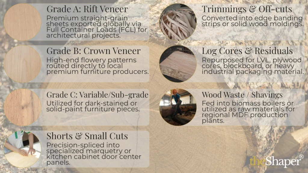 Infographic of theShaper wood veneer yield optimization and log recovery value breakdown in Vietnam.