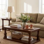 Rustic solid pine wood coffee table featuring natural grain textures and sturdy legs in a warmly lit, modern farmhouse living room setting.