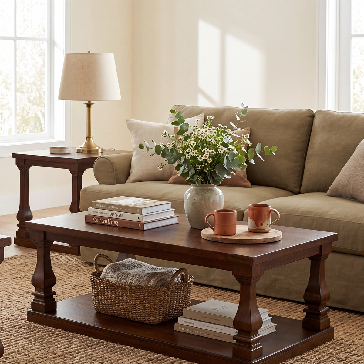 Rustic solid pine wood coffee table featuring natural grain textures and sturdy legs in a warmly lit, modern farmhouse living room setting.