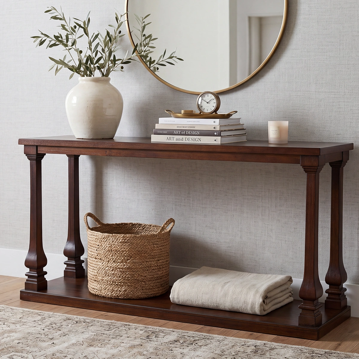 An elegant rustic pine console table styled in a home entryway with decorative accents, highlighting its weathered wood finish and clean lines.