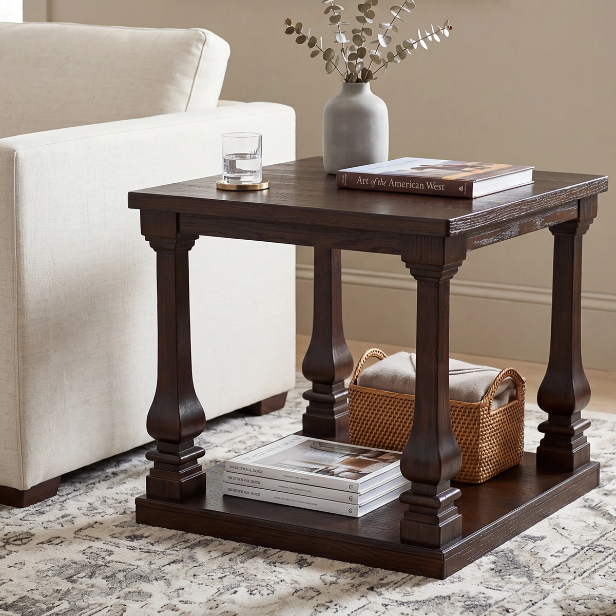 A charming rustic pine side table next to a neutral-toned sofa, showcasing organic wood knots, topped with a small ceramic vase.