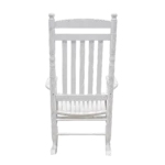 Back angle of a white American country style rocking chair displaying the precise spindle construction and sturdy joinery.