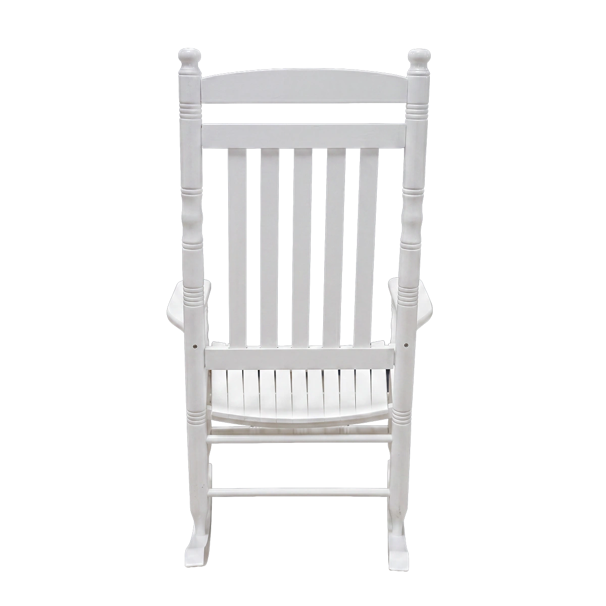 Back angle of a white American country style rocking chair displaying the precise spindle construction and sturdy joinery.