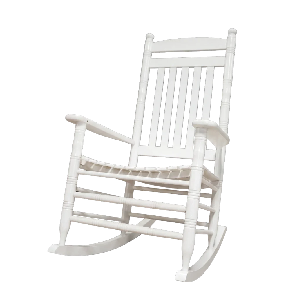 Front view of a classic white American country style wooden rocking chair featuring a slatted high back and contoured seat.