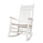 Front view of a classic white American country style wooden rocking chair featuring a slatted high back and contoured seat.