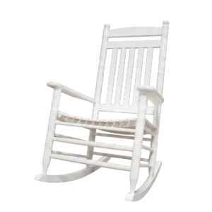 Front view of a classic white American country style wooden rocking chair featuring a slatted high back and contoured seat.