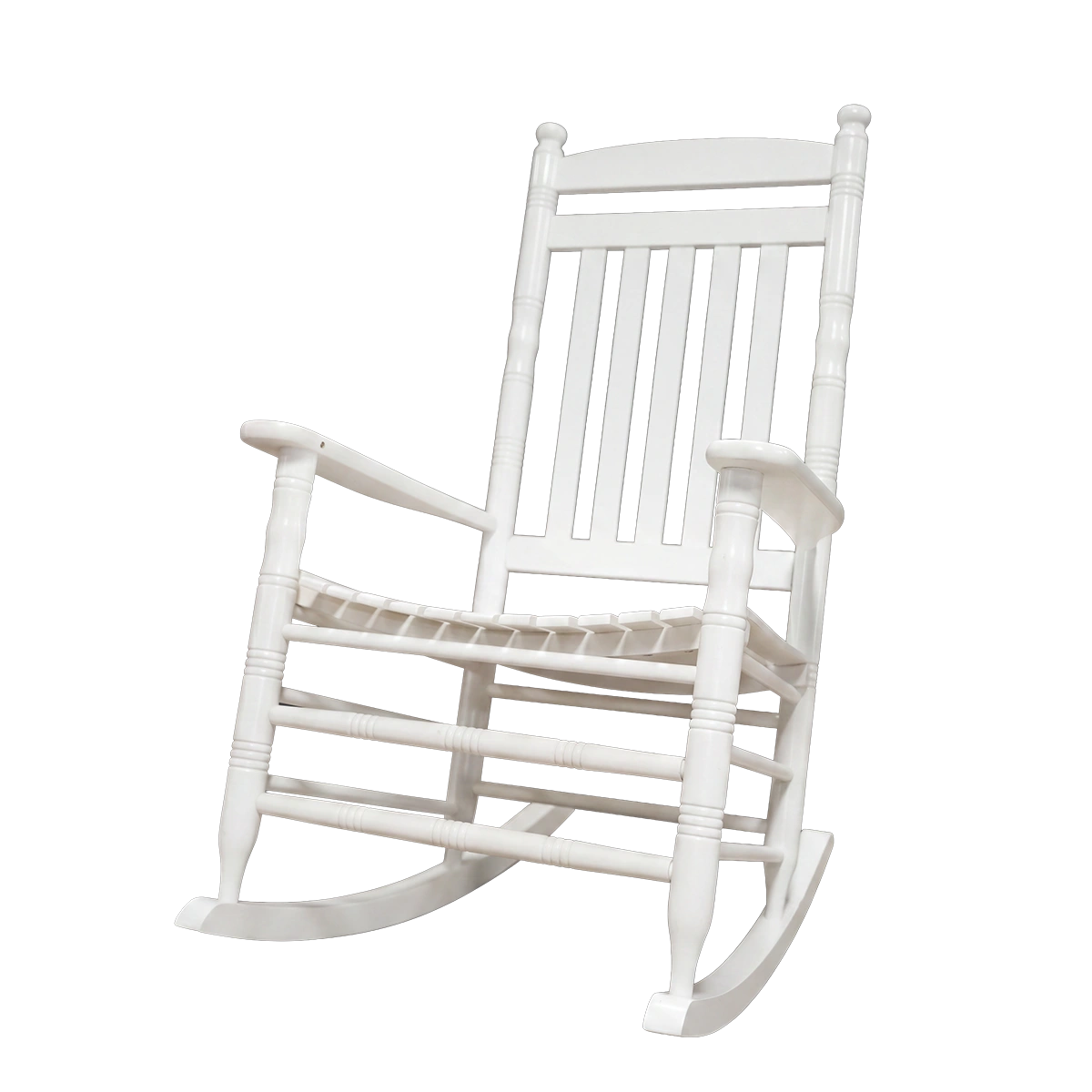 Front view of a classic white American country style wooden rocking chair featuring a slatted high back and contoured seat.