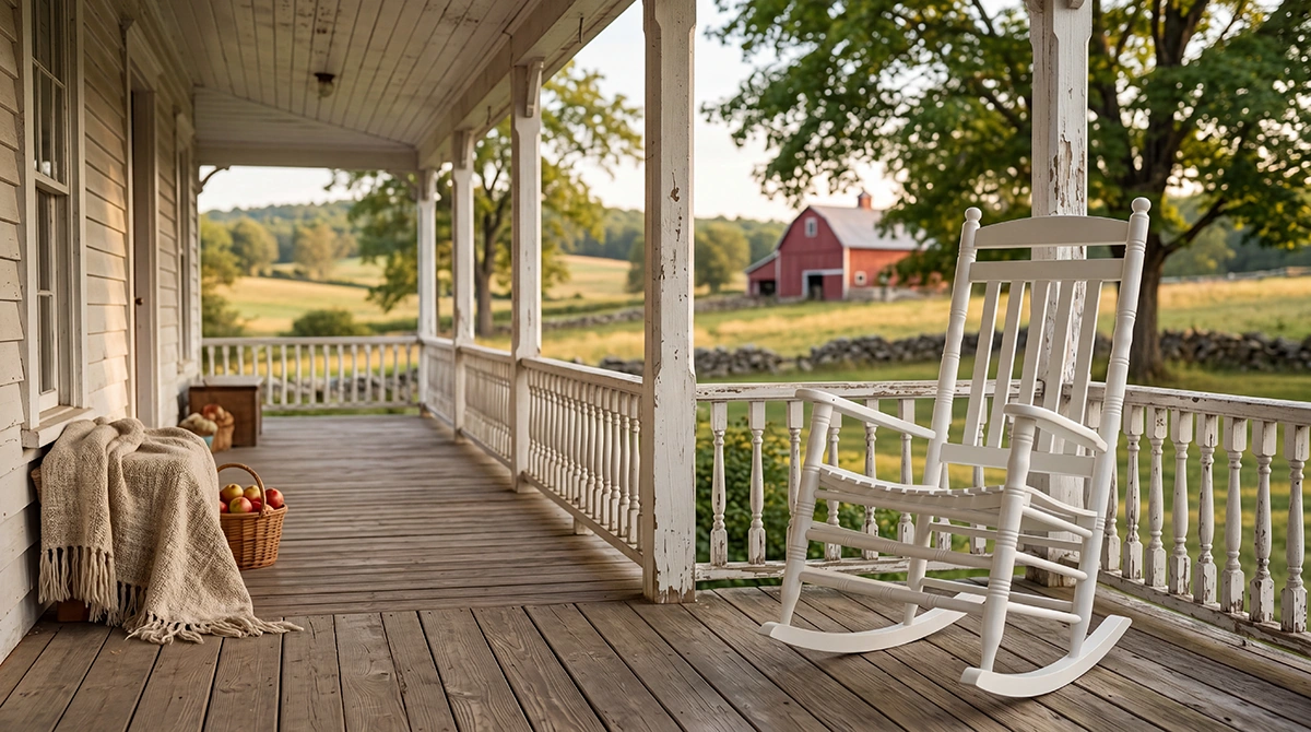 A photorealistic 3D rendering of a white American country style rocking chair on a classic Boston-style colonial home porch with a wooden deck and elegant railings.