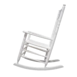 Side profile of a white American country style rocking chair showing the smooth curvature of the wooden runners and sturdy armrests.