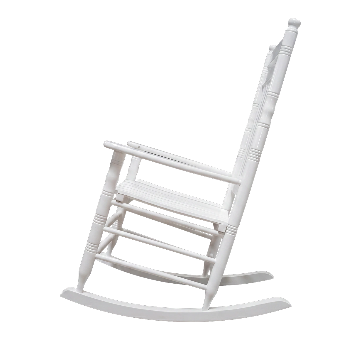 Side profile of a white American country style rocking chair showing the smooth curvature of the wooden runners and sturdy armrests.