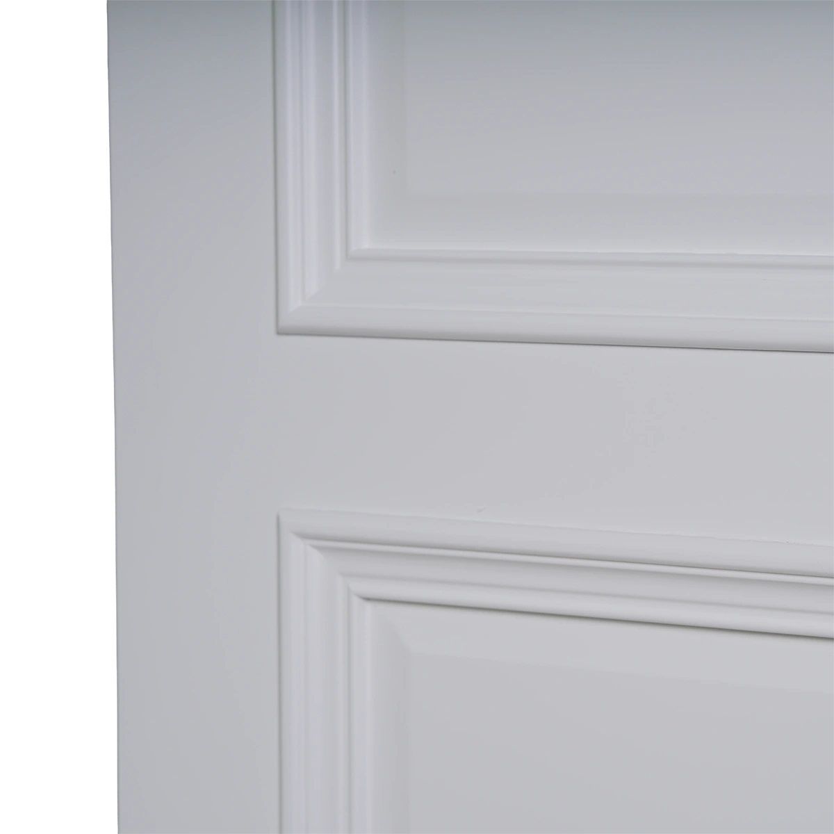 A 30-degree angle view of the White Raised Panel composited wood door highlighting soft lighting transitions on the white painted surface.