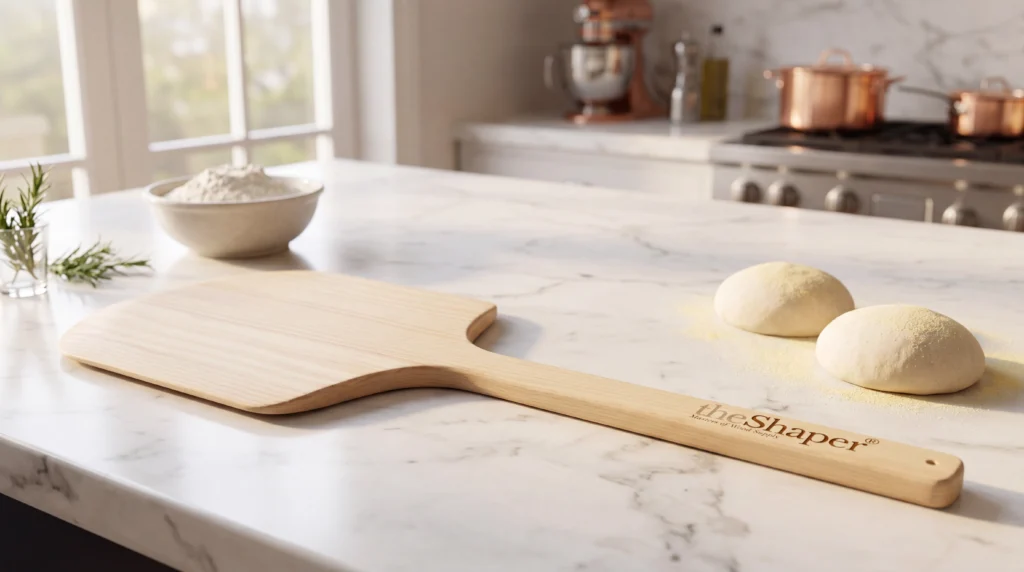 Premium Xin Strong pizza peel sourced by theShaper, featuring a durable wooden handle and a sleek aluminum paddle.