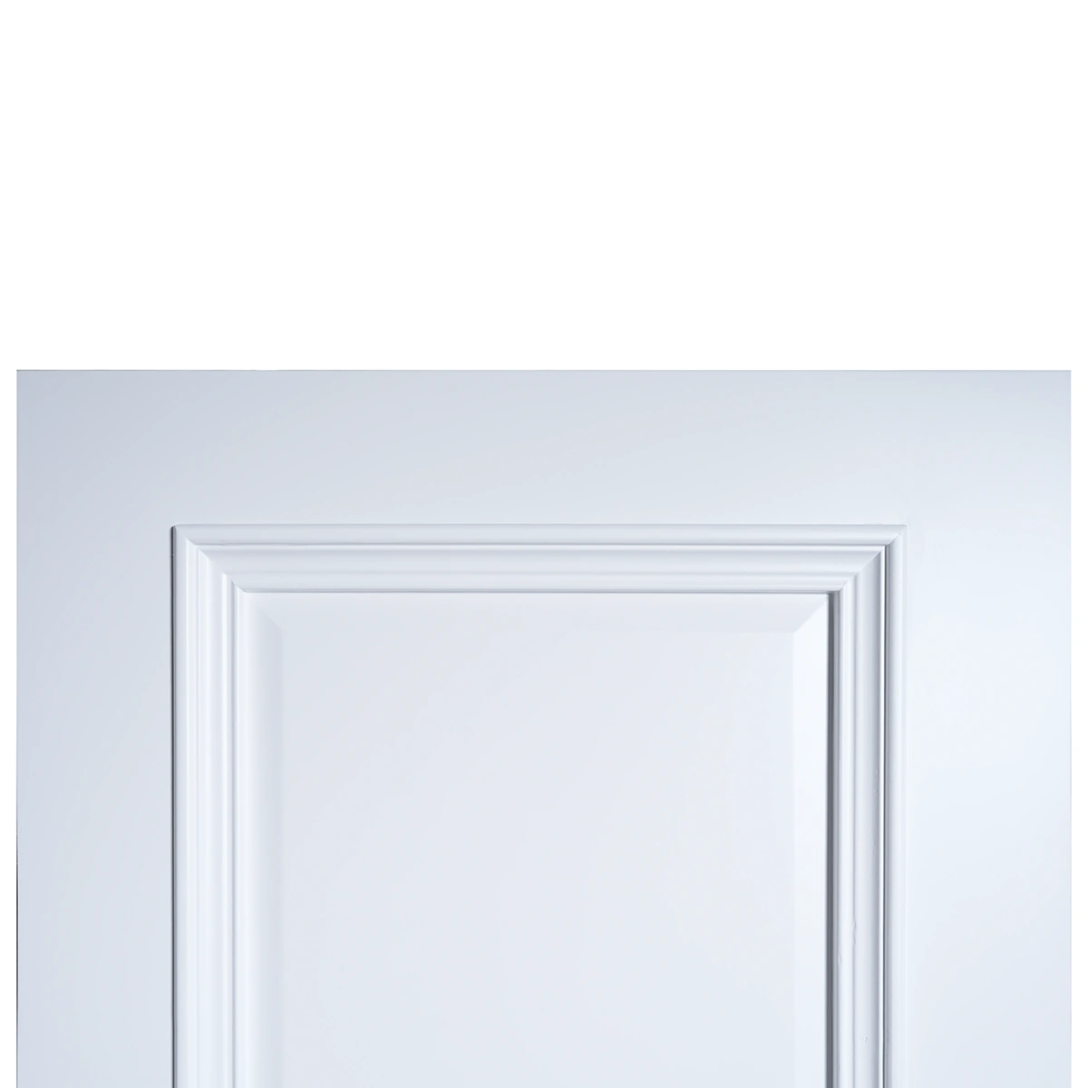 Upper rail and mitered bolection moulding corner joint on Dover White door