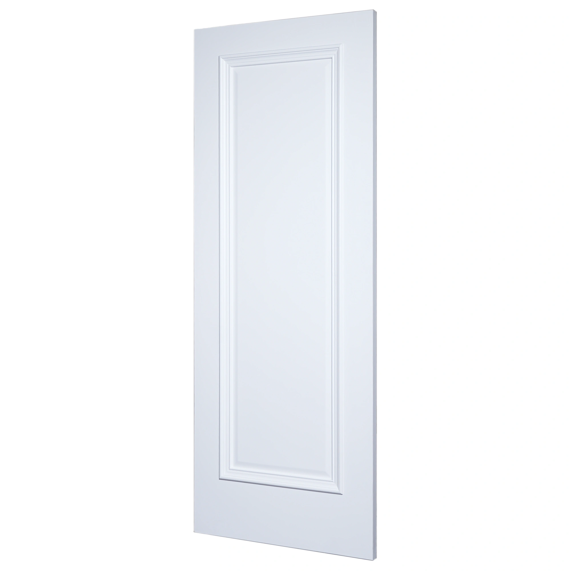 30-degree profile view of 1-Panel Bolection Moulding solid door slab in Dover White