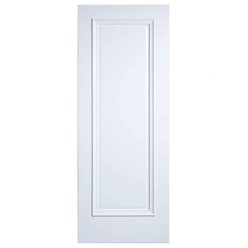 Front elevation of 1-Panel Bolection Moulding solid interior door in smooth Dover White finish