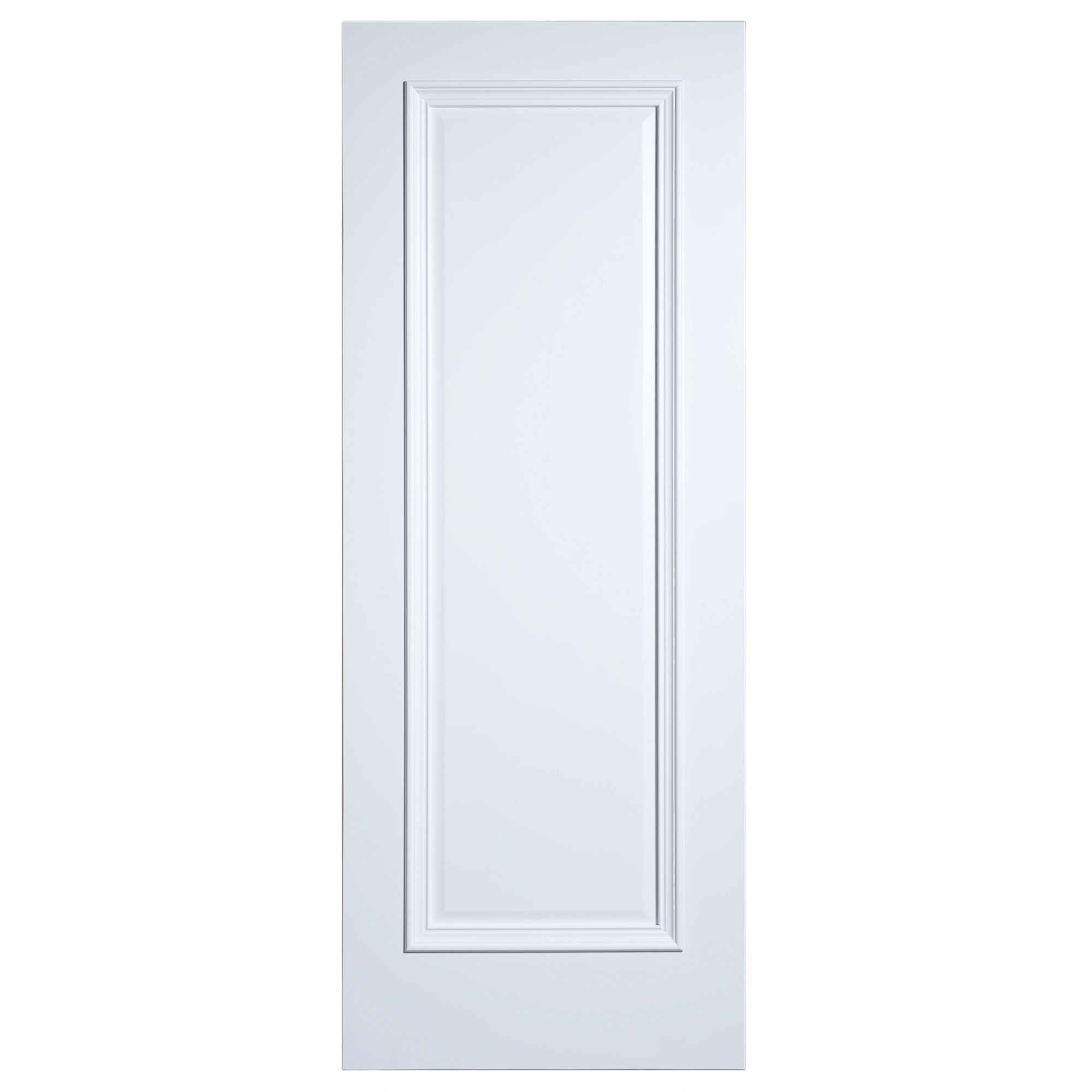 Front elevation of 1-Panel Bolection Moulding solid interior door in smooth Dover White finish