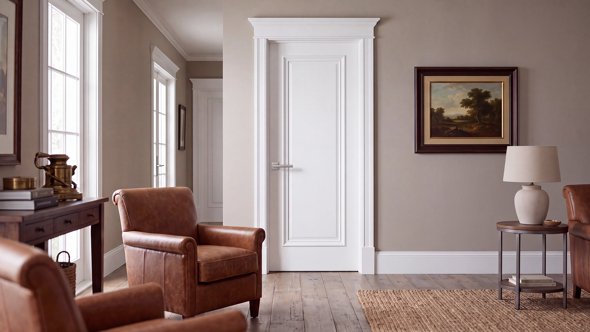 1-Panel Bolection Moulding solid interior door in smooth Dover White finish installed in an elegant contemporary living room