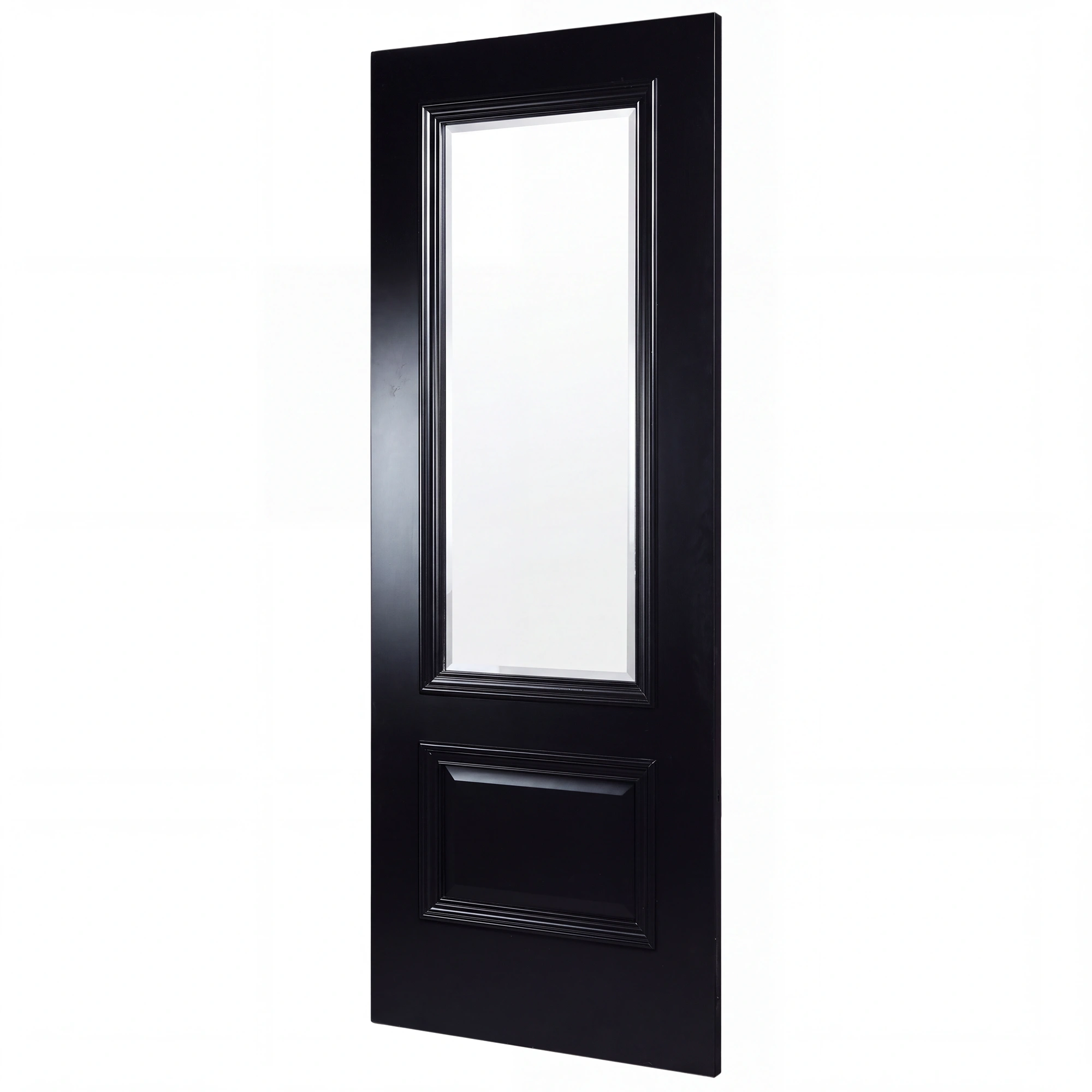 30-degree profile view of 2-Panel 1-Lite Glass and Wood door slab in Midnight Iron