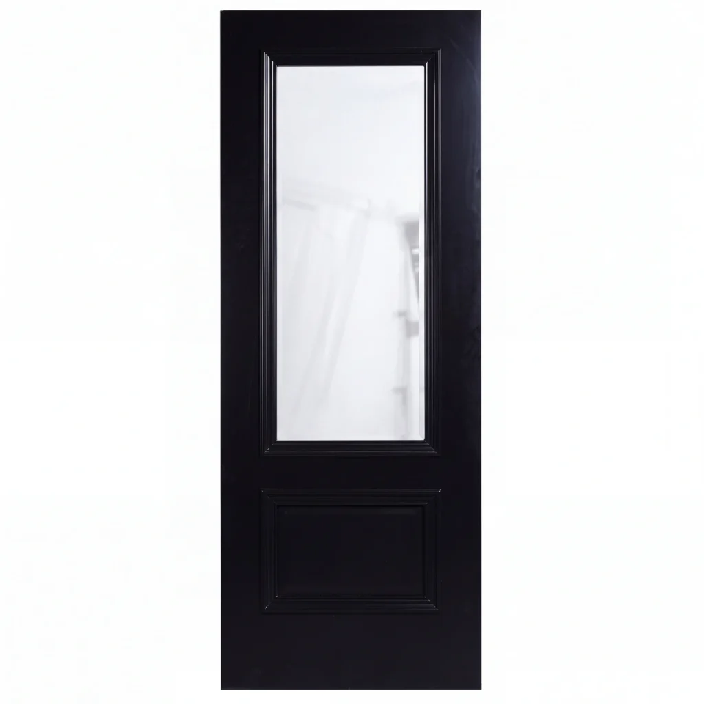 Front elevation of 2-Panel 1-Lite Glass and Wood interior door in matte Midnight Iron finish