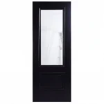 Front elevation of 2-Panel 1-Lite Glass and Wood interior door in matte Midnight Iron finish