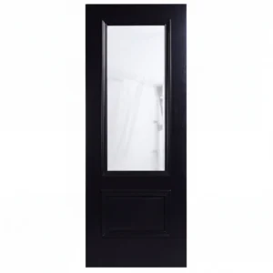 Front elevation of 2-Panel 1-Lite Glass and Wood interior door in matte Midnight Iron finish