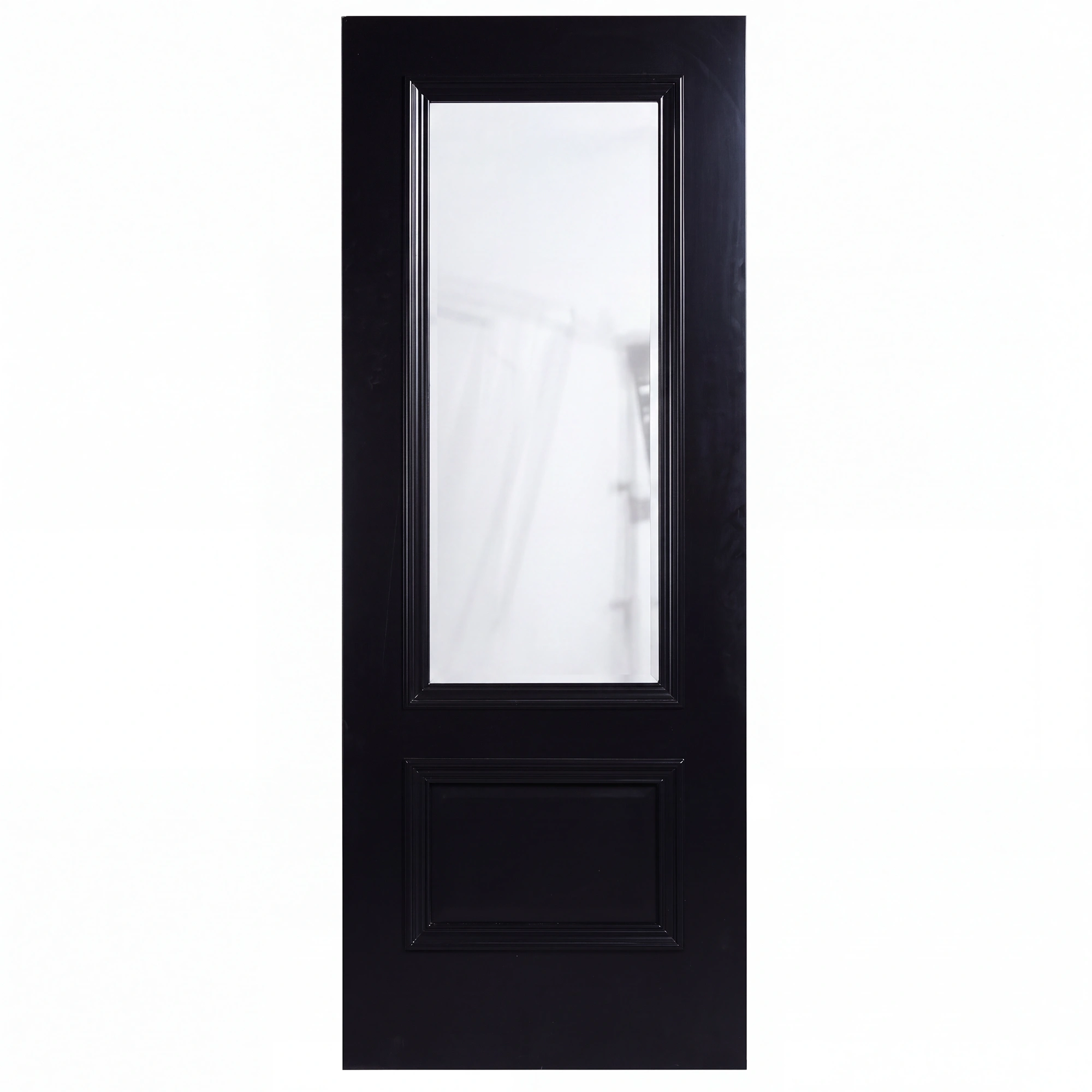 Front elevation of 2-Panel 1-Lite Glass and Wood interior door in matte Midnight Iron finish