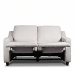 Modern fabric power recliner sofa with dual footrests fully deployed, front view.