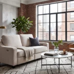 3D architectural interior render of the 63-inch fabric power reclining loveseat in a bright, modern minimalist apartment living room.