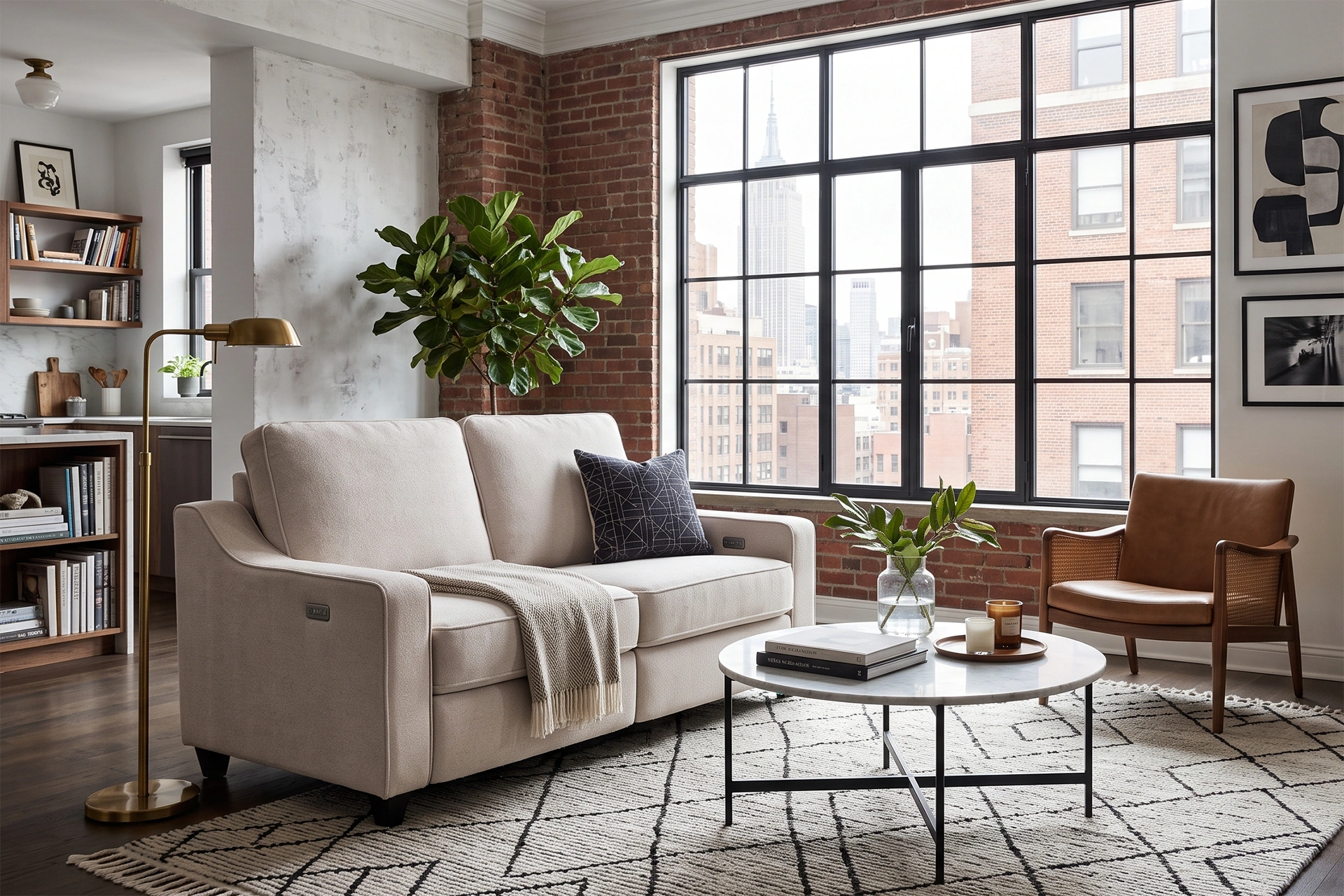 3D architectural interior render of the 63-inch fabric power reclining loveseat in a bright, modern minimalist apartment living room.