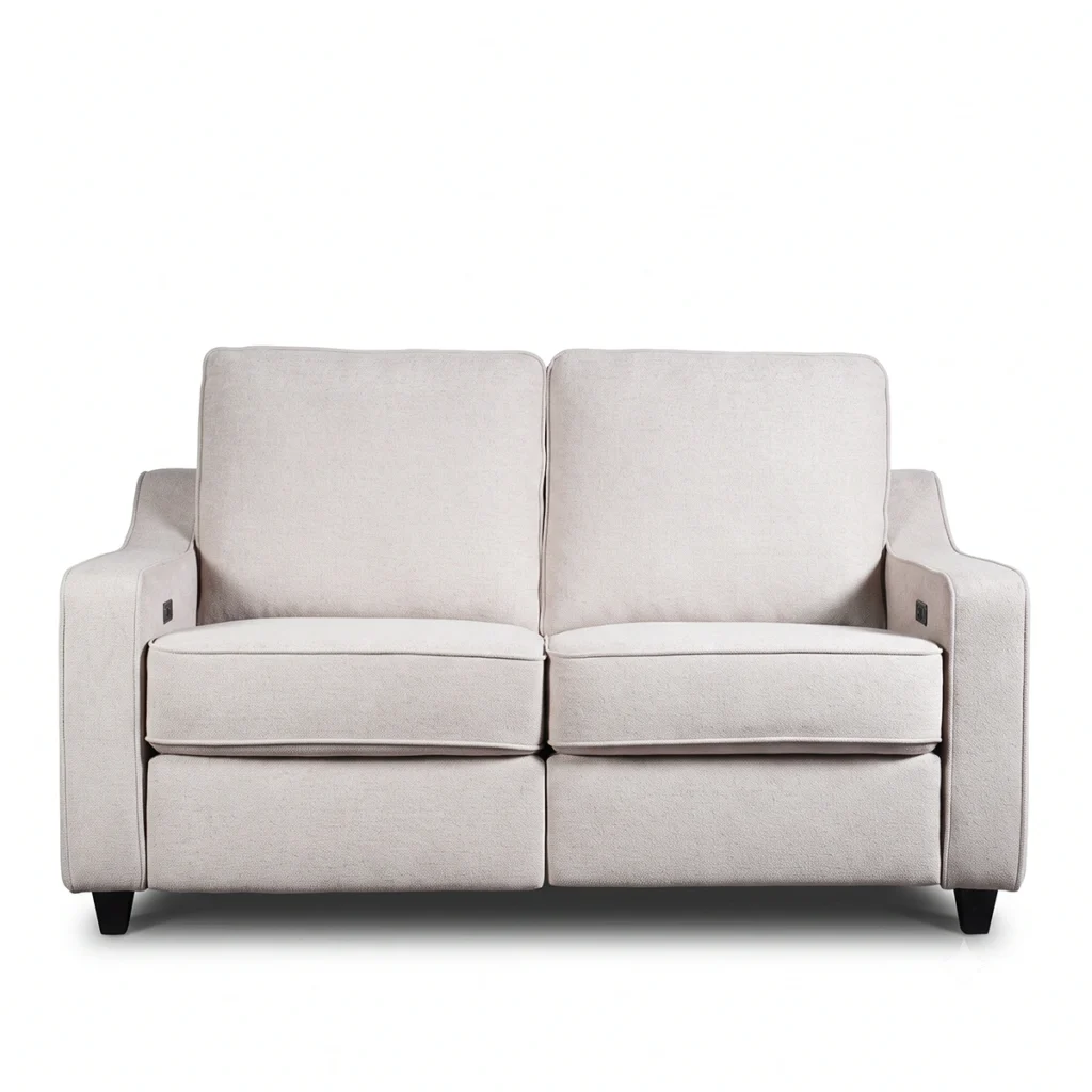 63-inch modern fabric power reclining loveseat with built-in USB ports, front view upright.