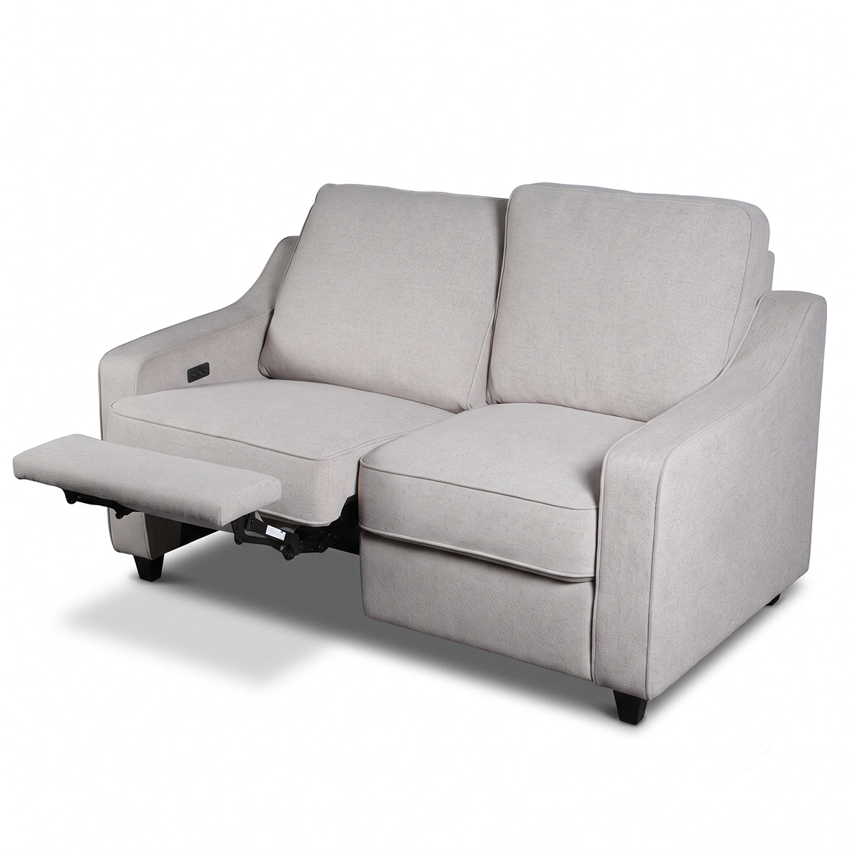 Fabric power loveseat at 30-degree angle with left seat reclined and right seat upright.